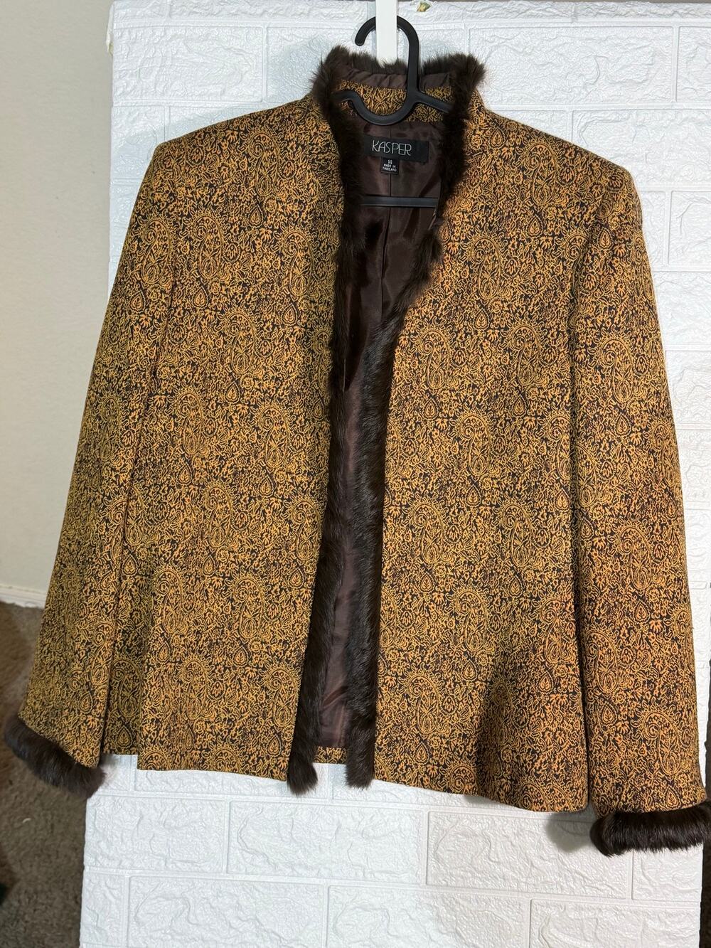 Kasper Women’s Size 14 Brown Gold Paisley Wool Blend Faux-Fur Trim Jacket